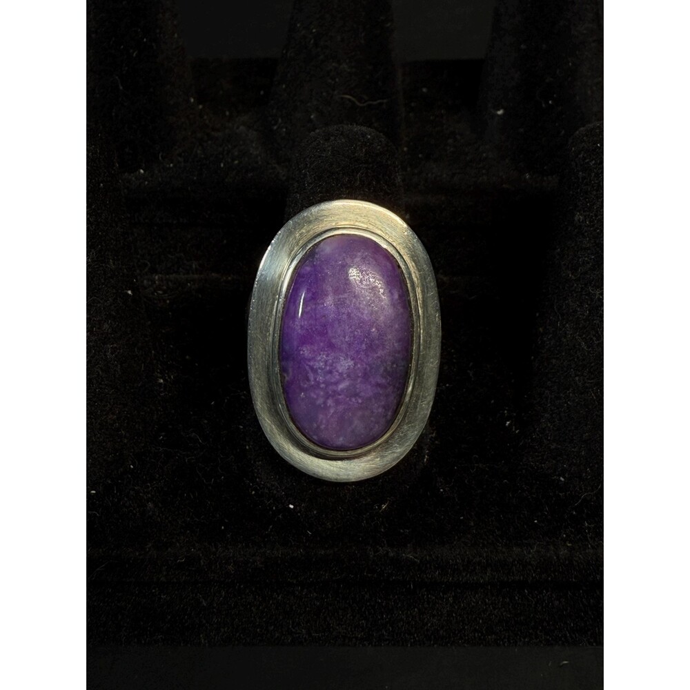 Purple Cabochon Ring 925 Sterling Silver Large Oval Statement Size 7.5 13.4g
